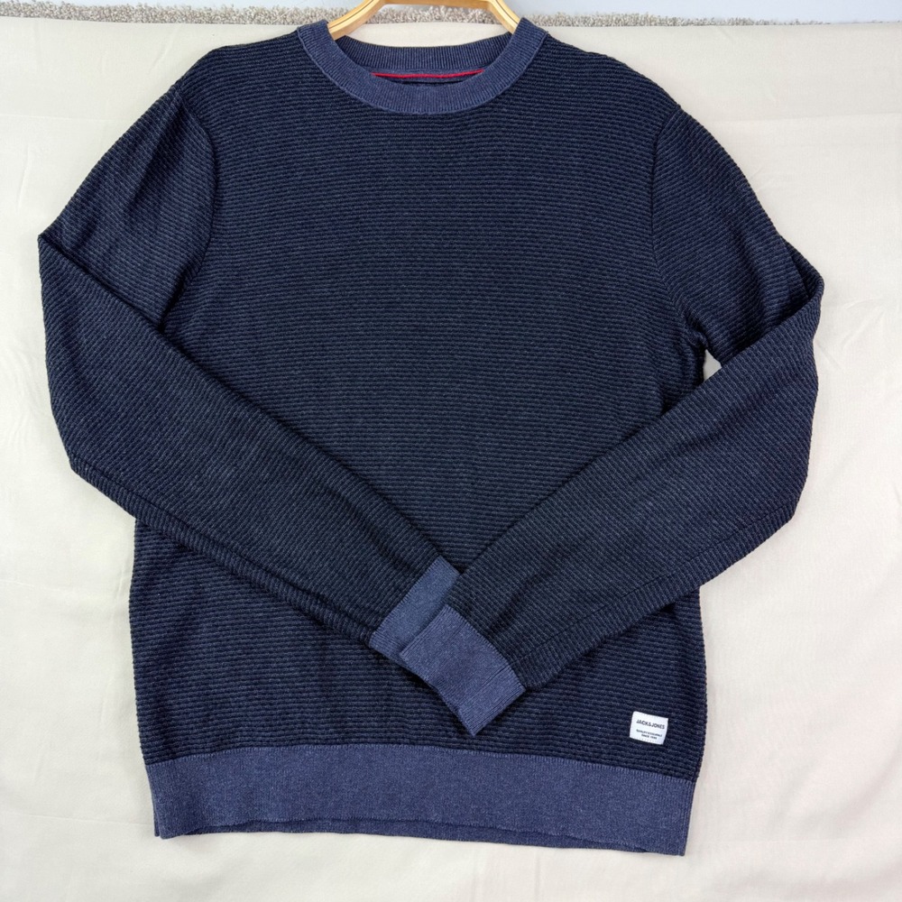 Jack & Jones Size M Navy Textured Rib Knit Crewneck Pullover Sweater Minimalist